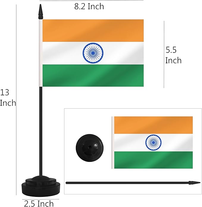 12 Pack India Desk Flags, Indian Desktop Flag, Small Miniature Office Flags with 12" Black Pole and Black Base, Offices, Classroom, Home, Festival Decoration (India)