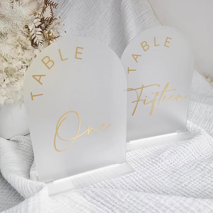 JINMURY Frosted Arch Wedding Table Numbers 1-15 with Stands, 5x7 Inch Acrylic Arch Sign with Golden Lettering, Frosted Acrylic Table Numbers for Wedding Reception