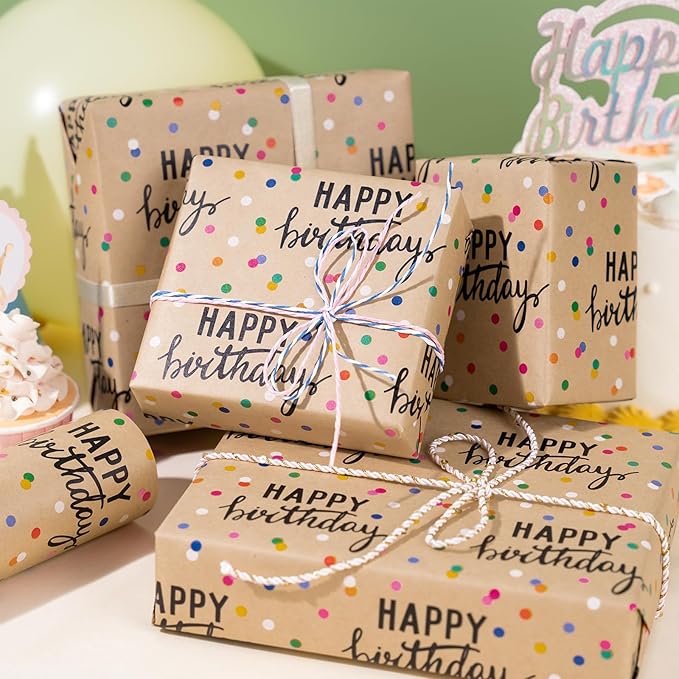 LeZakaa Birthday Kraft Wrapping Paper Roll, Happy Birthday Lettering & Colored Polka Dots Kraft Design for Holiday, Party, Baby Shower, 17 inches x 32.8 Feet (46.45 sq.ft.)