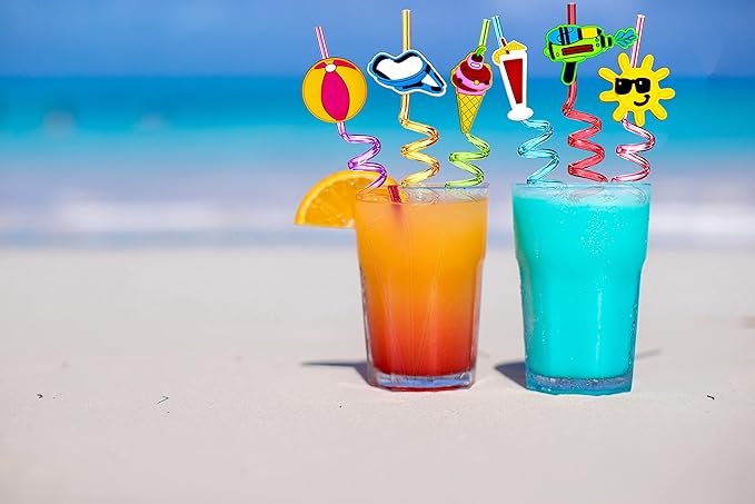 24 Pieces Beach Theme Reusable Shape Straws, Drink Straws Beach Ball Pool Summer Birthday Party Favor Decorations with 2 Cleaning Brushes 8 Color Straws