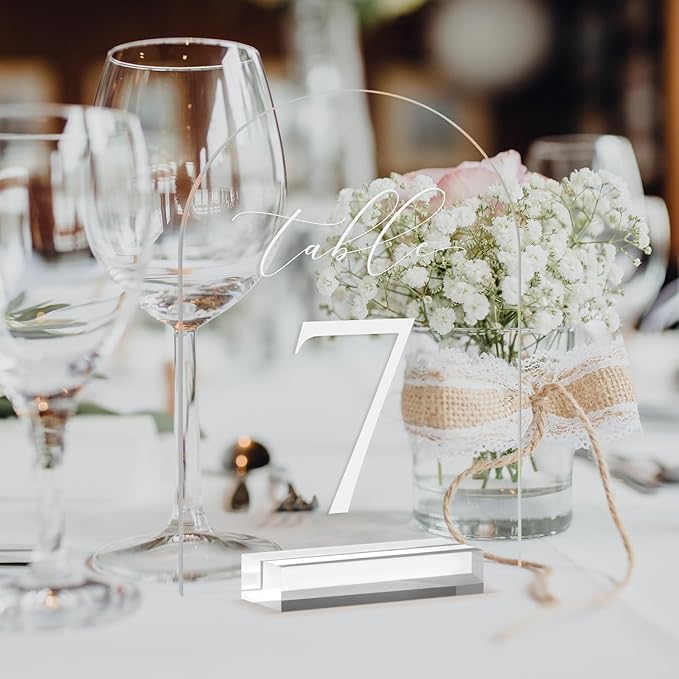 JINMURY Clear Arch Table Numbers for Wedding, 5x7 Inch Arched Acrylic Table Numbers 1-30 with Stands, Clear Acrylic Arch Sign with Holder for Centerpiece, Reception, Wedding, Party, Event