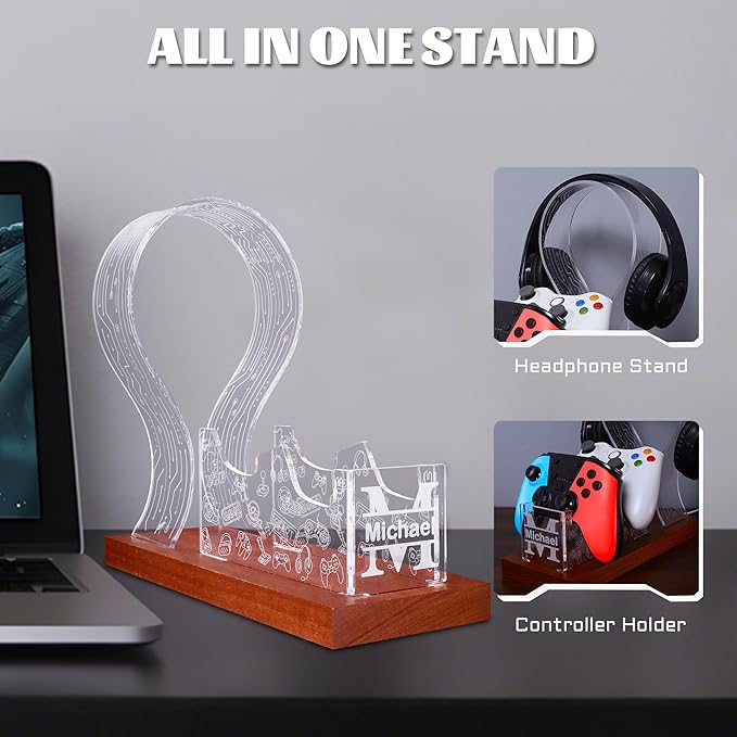 YuanDian Gamer Gifts for Teenage Boy, Desk Gaming Headset and Controller Stand with Blue Pink LED Night Light, Acrylic Wooden Controller Holder with PCB Pattern, Desk Decor Gift (Customized)