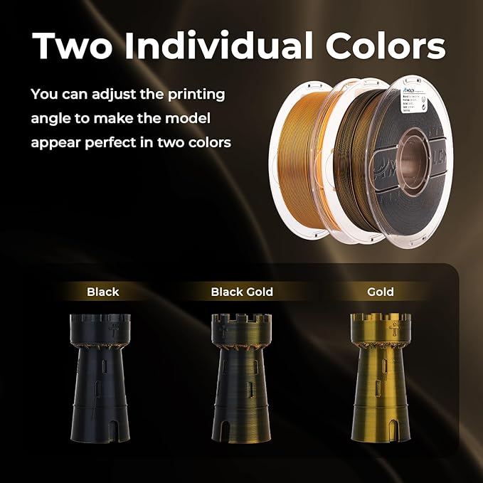 AMOLEN Silk PLA 3D Printer Filament, Dual Color Black Gold PLA 1.75mm, Shiny Color Change Filament 3D Printing PLA Filament for Most FDM 3D Printer, 1kg Spool(2.2lbs)