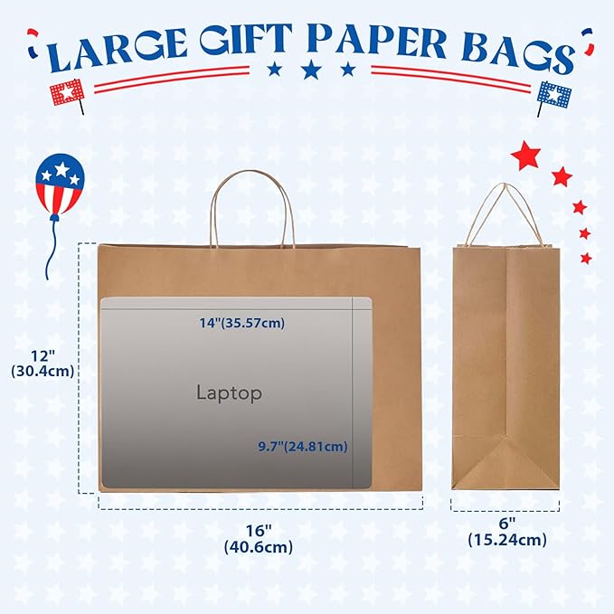 MESHA Kraft Paper Bags 16X6X12 Brown Large Gift Bags with Handles Bulk,300 Pcs for Small Business,Birthday Wedding Party Favor Bag,Paper Shopping Bag
