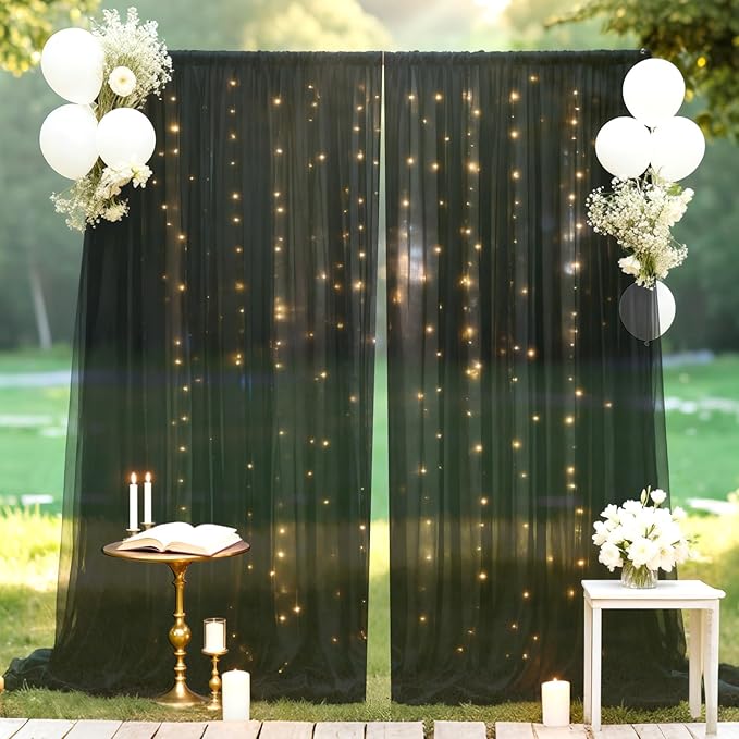 Ledido 10×8ft Tulle Backdrop Curtains with Lights String - 300LED Fairy Lights Sheer Curtain Backdrop for Weddings Baby Shower and Birthday Party Decorations(2 Panels 5×8ft)