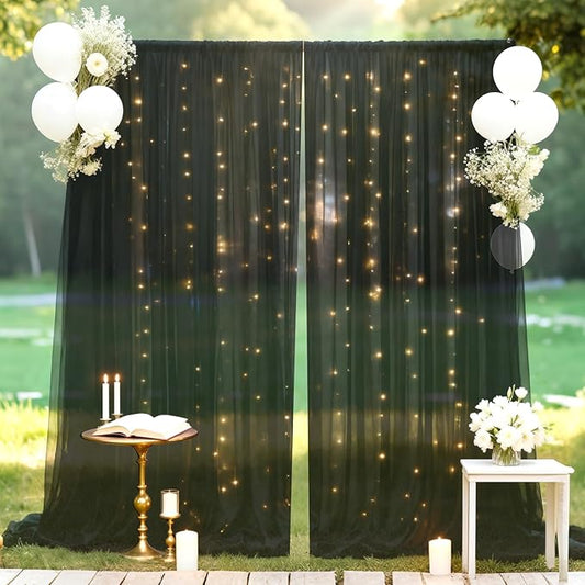 Ledido 10×8ft Tulle Backdrop Curtains with Lights String - 300LED Fairy Lights Sheer Curtain Backdrop for Weddings Baby Shower and Birthday Party Decorations(2 Panels 5×8ft)