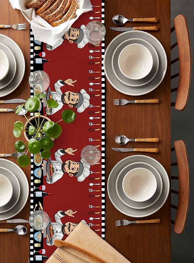 Red Chef Gourmet Cotton Linen Table Runner for Dining Kitchen, Wedding Outdoor Party Tablerunners Decoration, Black White Check Plaid Funny Kitchen Dresser Scarf Coffee Tablecloth Runners 13''x108''