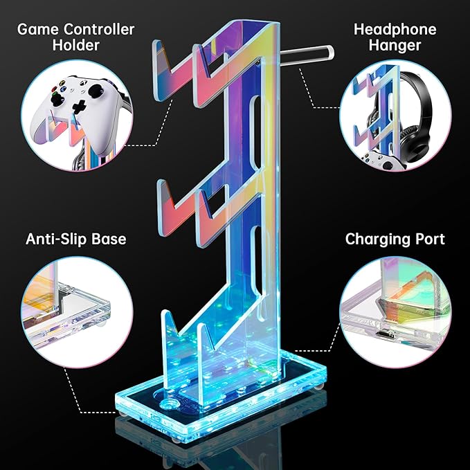 NiHome Iridescent Acrylic Multi-Tier Game Controller & Headset Holder Stand with Customizable LED Lighting, USB-Powered 7 Colors & 3 Modes, Anti-Slip Gaming Desk Organizer & Cable Management (3 Tiers)