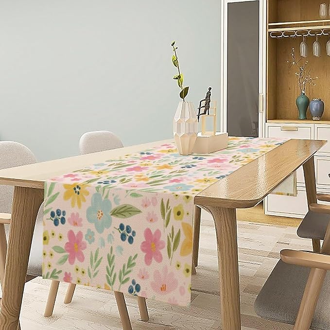 Floral Table Runner, Boho Style Watercolor Flower Green Leaf Plant Rectangle Table Decoration for Dining, Party, Holiday,13in（33cm） W * 60in（152cm） L