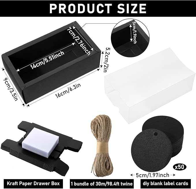 Roowest 50 Sets Kraft Gift Boxes Rectangle Kraft Paper Drawer Box with Window Homemade Soap Box with Blank Tags and Jute String for Jewelry Candy Wrapping Party Favor(Black, 6.3 x 3.5 x 2 Inch)