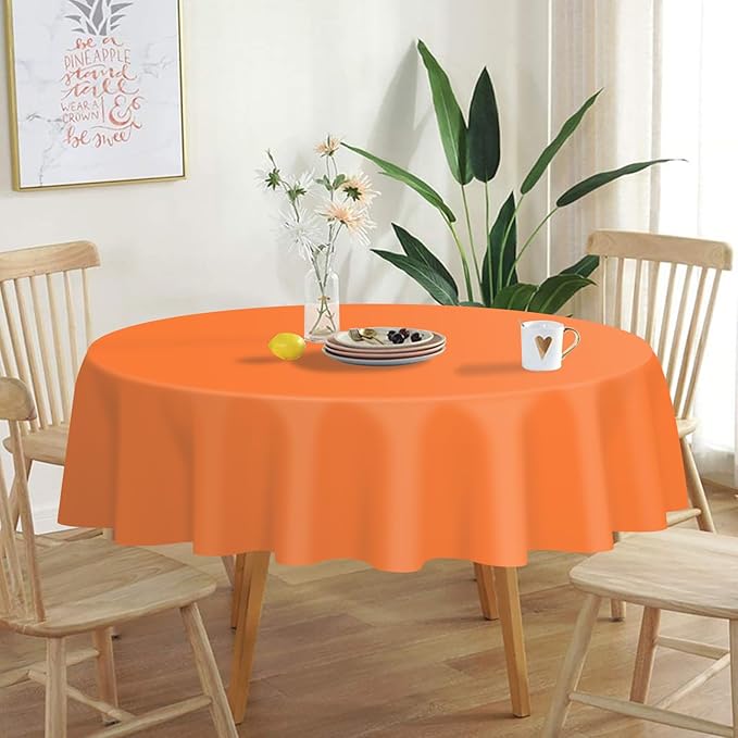 QIKSION Orange Round Tablecloth 12 Pack, 84 Inch Plastic Table Cover Disposable for Parties