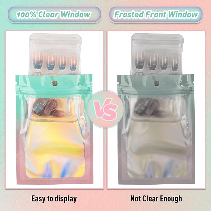 Funfery 100 Pack Gradient Holographic Bags,Mylar Resealable Bag with Zipper,Clear Window Packaging Pouch,Smell Proof Bags for Food Storage,Sample Jewelry Baggies(3.1x5.1In,Green Pink)