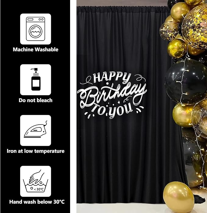 Black Backdrop Curtain for Party, Background Drapes Panels with Rod Pocket, Wrinkle Free Black Photo Curtains Backdrop Drapes Fabric Decoration for Wedding, Birthday Party Decor 5ft x 10ft, 2 Panels