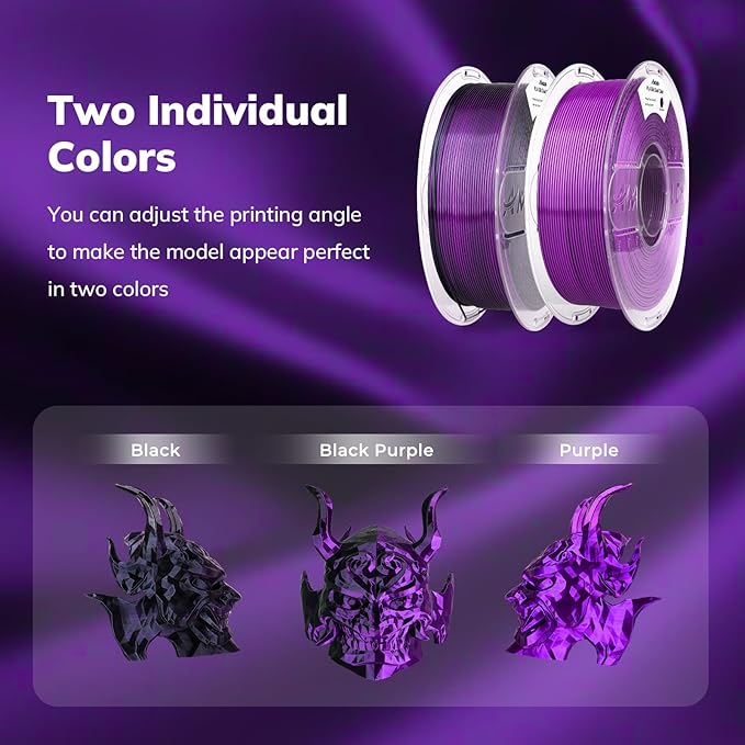 AMOLEN Silk PLA 3D Printer Filament, Shiny Dual Color Black Purple PLA 1.75mm, Multicolor Change 3D Printing Filament for Most FDM 3D Printer, 1kg Spool(2.2lbs)