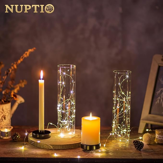 NUPTIO Hurricane Glass Candle Holders: 2 Pcs Black Candlestick Tapers Holder with 11.81 inch Tall Clear Cylinder Cover Metal Candle Sticks Stand for Wedding Christmas Thanksgiving Halloween Decor