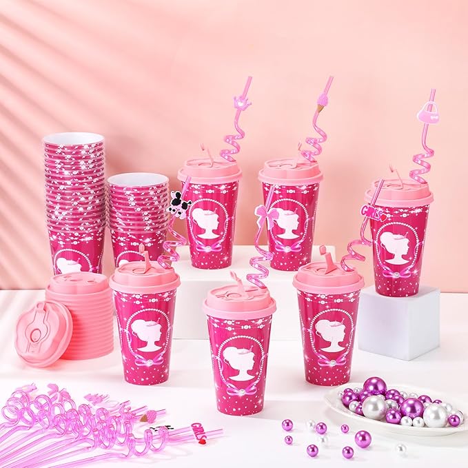 Yungyan 36 Sets Hot Pink Girl Party Favors Goodie Cups with Lids and Straws for Birthday Decorations Reusable 16oz Plastic Candy Cups Plastic Straws for Birthday Party (Pink Princess)