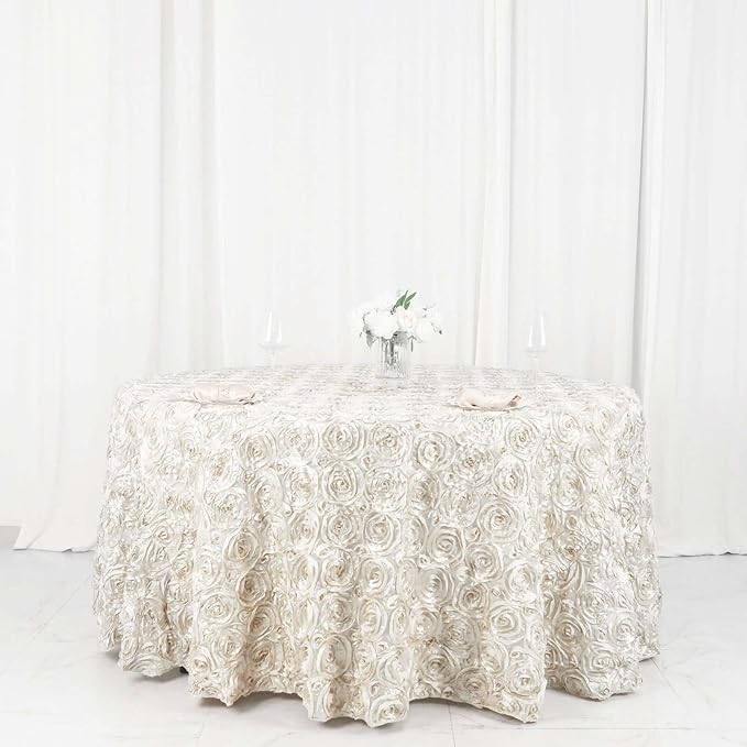Efavormart 120" Wholesale Round Table Cover Ivory Grandiose Rosette 3D Satin Tablecloth for Wedding Party Event Decoration