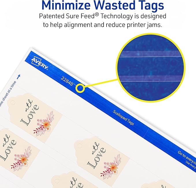 Avery Scalloped Printable Tags, Sure Feed Technology, 2" x 1.25", White, Includes String, Laser/Inkjet Printable, 180 Total, Great for Branding, Gifts, Merchandising, and More (22848)