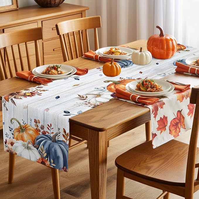 Thanksgiving Fall Cotton Linen Table Runner for Dining Kitchen, Pumpkins Eucalyptus Wedding Outdoor Party Tablerunners Decoration Farmhouse Wooden Dresser Scarf Coffee Tablecloth Runners 13x108 Inches
