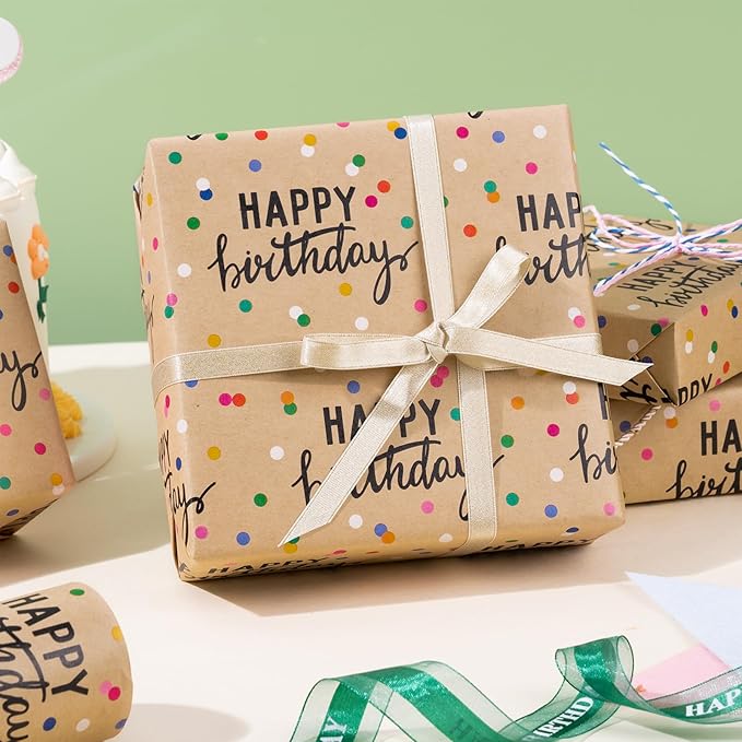LeZakaa Birthday Kraft Wrapping Paper Roll, Happy Birthday Lettering & Colored Polka Dots Kraft Design for Holiday, Party, Baby Shower, 17 inches x 32.8 Feet (46.45 sq.ft.)