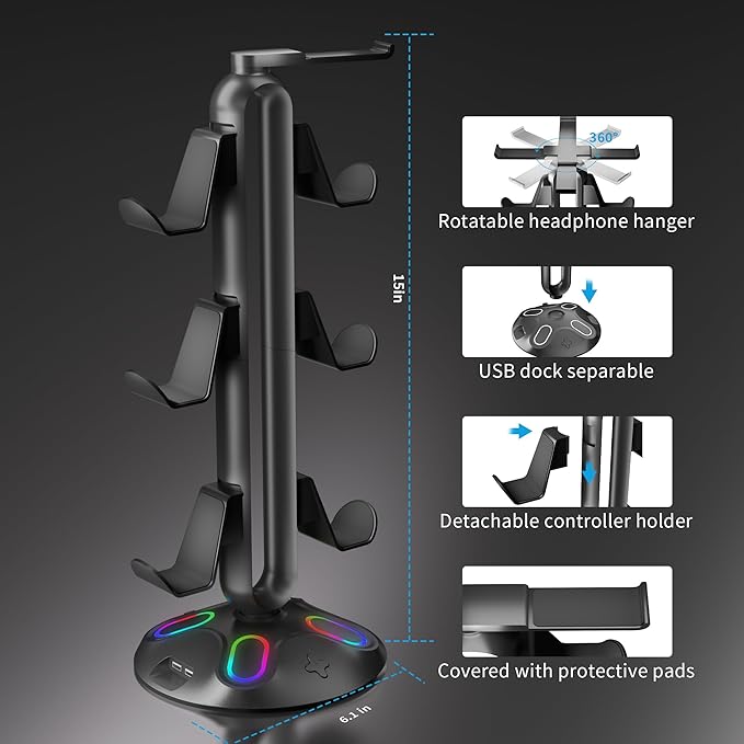 Gaming RGB Headphone Stand, Controller Holder with 9 Light Modes and 2 USB Charging Ports and 3.5mm & Type-C - Controller Stand Hanger Accessories for Desk and Gamer(Black) A