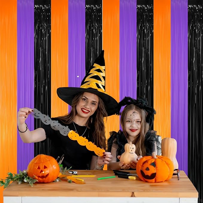 GOER 3.2 ft x 8.2 ft Metallic Tinsel Foil Fringe Curtains for Halloween Birthday Graduation New Year's Party Decorations(1 Pack,Black&Orange&Purple)