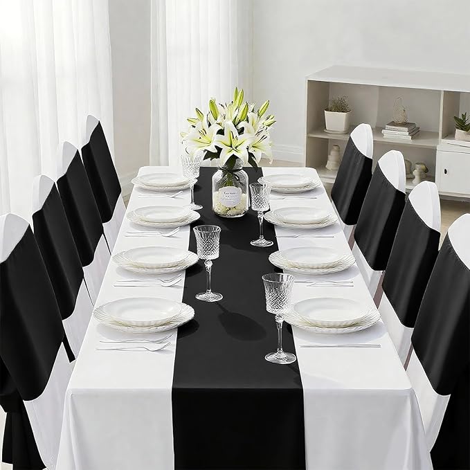 SHEJIZE 20 Pack Black Satin Table Runner 12x108 Inches Long, Bright Silky Smooth Satin Table Runner Table Decor for Wedding Banquet Christmas Prom Event Birthday Party