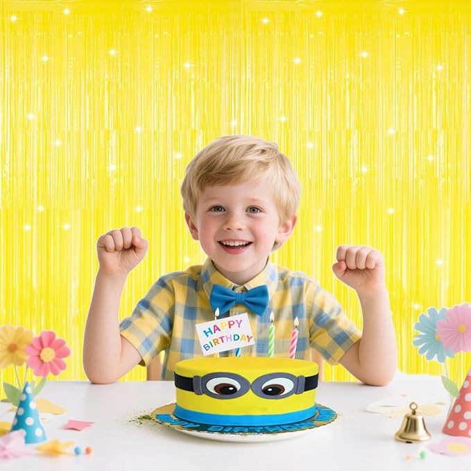 Yellow Streamers Birthday Party Decorations,2 Pack Yellow Tinsel Foil Fringe Curtains,Fringe Backdrop for Sunshine/Lemon/Summer/Hawaiian/Baseball/Back to School Party Decorations,3.3x6.6ft