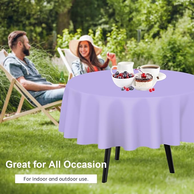QIKSION Lavender Round Tablecloth 6 Pack, 84 Inch Plastic Table Cover Disposable for Parties