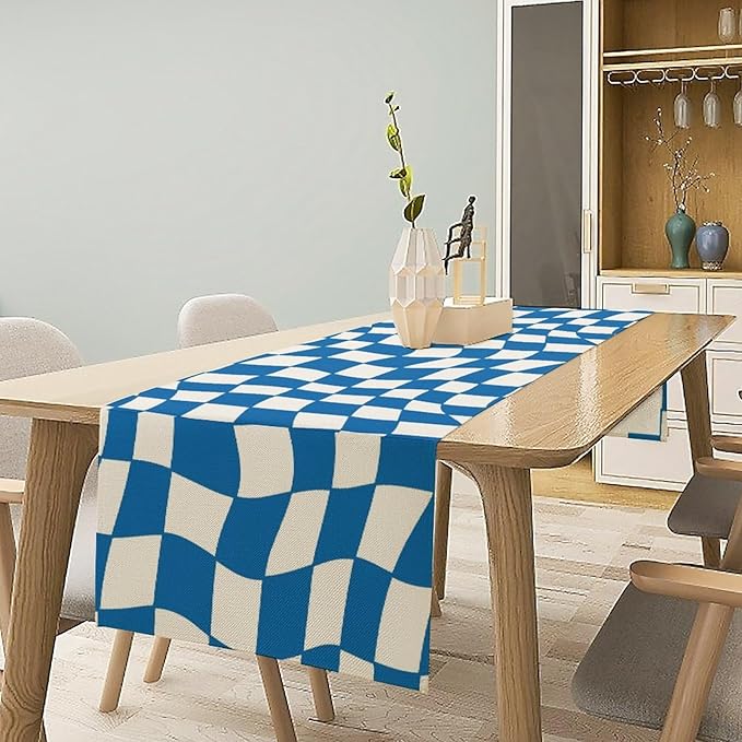 Table Flag Retro Plaid 60s70s Blue Plaid Table Flag Kitchen Restaurant Decoration Suitable for Indoor and Outdoor Festival Home Wedding Party Table Flag 13x70