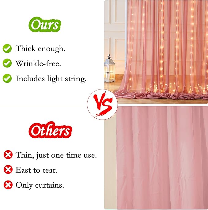 10ft x 7ft Dusty Rose Chiffon Backdrop Curtain with Lights String for Parites Wedding Wrinkle Free Curtain Photo Backdrops Drapes for Baby Shower Birthday Party Home Decorations