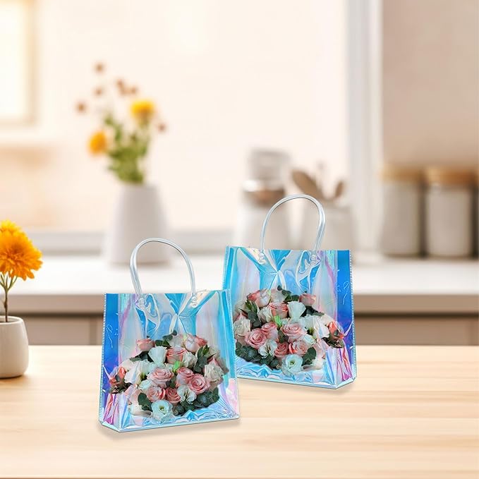 Vankcp 16 PCS Mini Party Favor Bags, 5.9×6.3inch Clear PVC Gift Bags with Handles, Iridescent Clear Bags, Holographic Gifts Bag for Birthday Weddings Party Favors Gifts