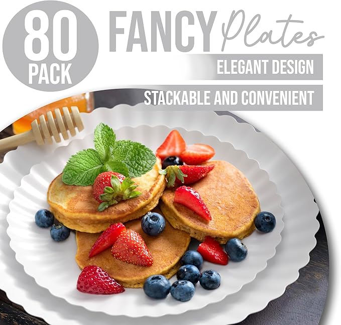 Trendables Scalloped Paper Plates 8.5 Inch & 10.5 Inch 80 Pcs Dinner Plate Set Fancy Disposable Plates for Party for 40 Guests 40 X 8 & 40 X 10 Large & Small Paper Plate Set for Parties Snow