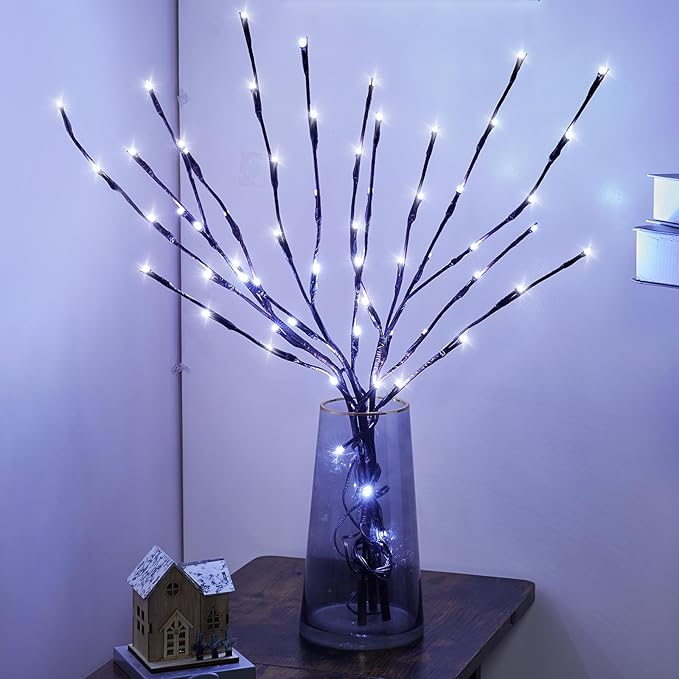 3 Pack Lighted Branches for Vases Plug in - 24Inch 60 LED Christmas DIY Twig Pathway Lights, Artificial Tree Bendable Xmas Fairy Lights with Stakes for Outdoor Indoor Party Decoration, Pure White