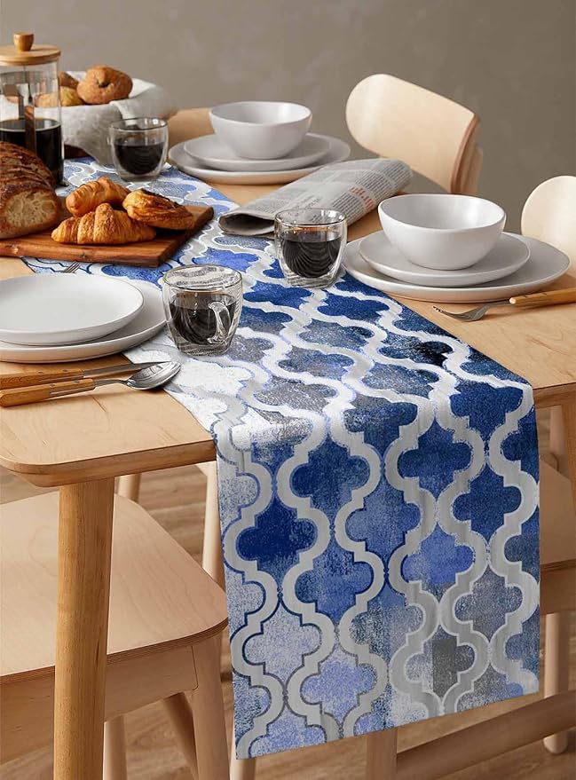 Blue Morocco Plaid Cotton Linen Table Runner for Dining Kitchen, Wedding Outdoor Party Tablerunners Decoration, Distressed Abstract Painted Vintage Dresser Scarf Coffee Tablecloth Runners 13x36 Inches
