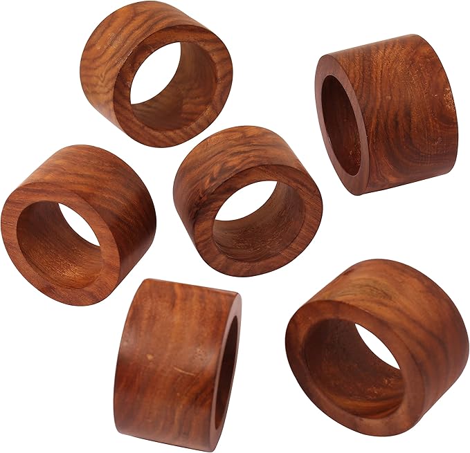 Beautifully Handcrafted Natural Wood Round Shape Large Size Party Dining Table Napkin Holders in Natural Tone. (Set of 6).