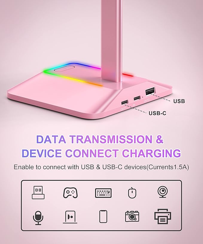New bee RGB Headphone Stand with 1 USB-C Charging Port and 1 USB Charging Port, Desk Gaming Headset Stand with 7 Light Modes and Non-Slip Rubber Base Suitable for All Earphone Accessories (Pink)