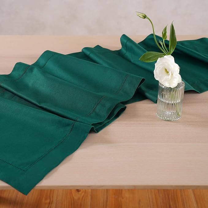 Green Table Runner 48 Inch – Cotton Linen Hemstitch Farmhouse Table Runner 14x48 – Washable Fabric for Dining Table, Spring, Summer, Wedding, Christmas, Everyday Décor – Serena