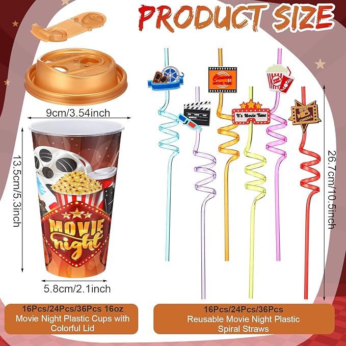Yungyan 36 Sets Movie Night Party Favors Goodie Cups with Lids and Straws for Halloween Party Decorations Reusable 16oz Plastic Candy Cups Plastic Straws for Birthday Gift(Movie Night)