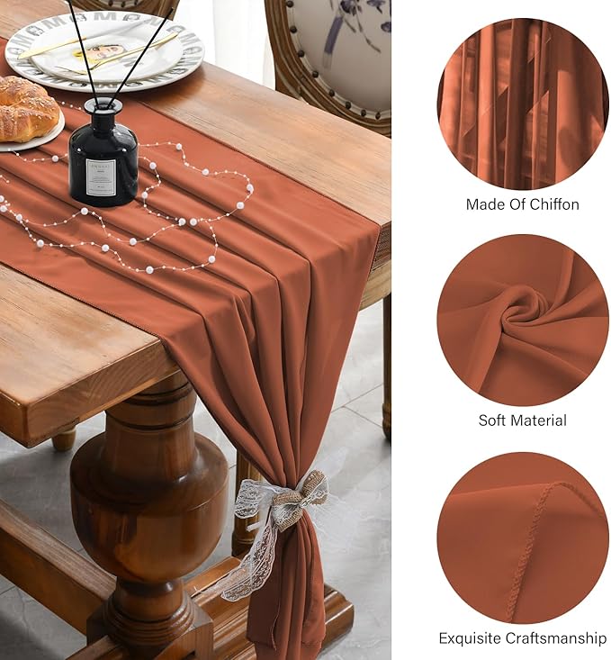 6 Pack 10 Ft Chiffon Table Runner Rust Gauze Long Table Runners 27x120 Inches Sheer Tulle Table Runner for Rustic Wedding Reception Bridal Shower Decorations Birthday Party