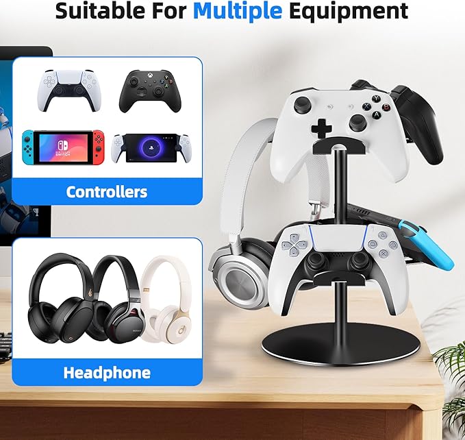 Controller Holder 2 Aluminum Alloy Tier,Headphone Stand - Gaming Controller Stand for Xbox PS5 PS4 Switch,Gaming Controller Headset Holder for Universal Gaming Accessories(Black)