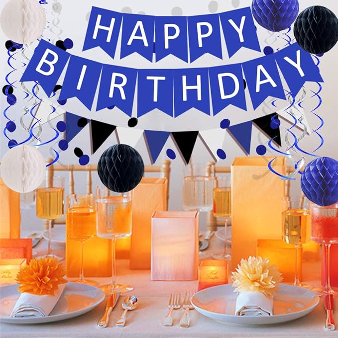 FECEDY Navy Blue White Black Happy Birthday Banner&Cute Flag Bunting Paper Circle Confetti Garland Swirl Streamers Honeycomb Ball for Birthday Party Decorations
