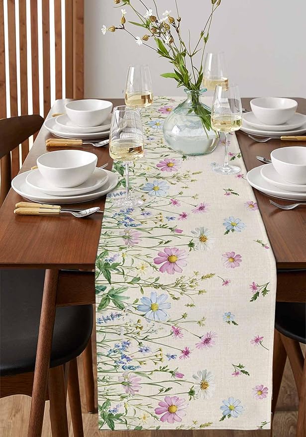 Vintage Wildflowers Cotton Linen Table Runner for Dining Kitchen, Wedding Outdoor Party Tablerunners Decoration, Farm Floral Pink Botanical Plants Dresser Scarf Coffee Tablecloth Runners 13x48 Inches
