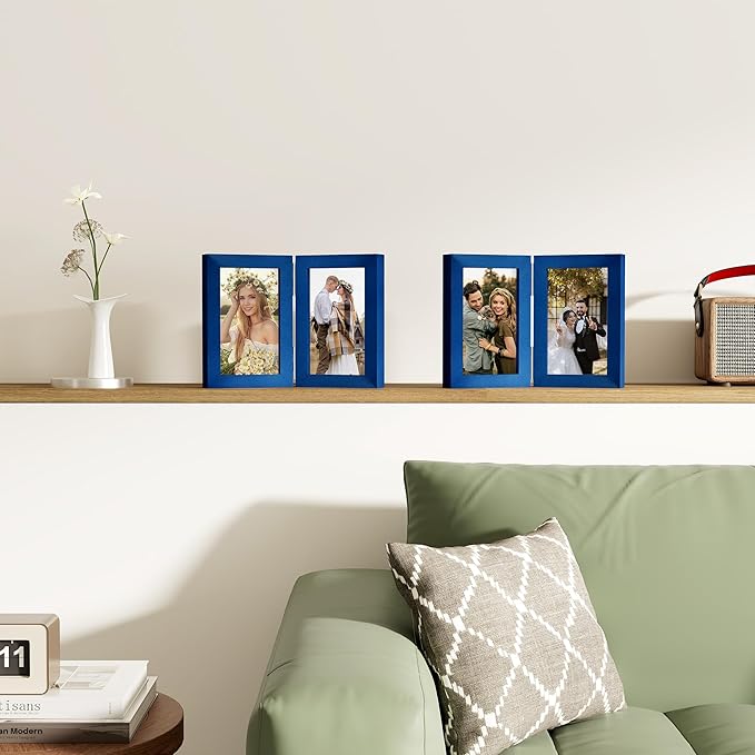 decorUhome Double 4x6 Picture Frame Vertical, Engineered Wood Bifold Photo Frame with Plexiglass for Tabletop Display, 4x6, Royal Blue