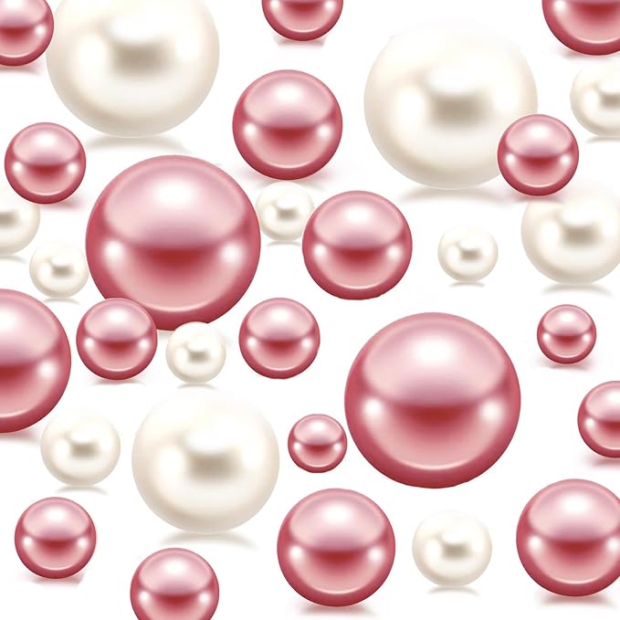 150Pcs Cream&Rose Gold Polished No Hole Faux Pearl Beads for Vase Filling Decorations, Plastic Pearls Vase Fillers, Table Scatters, Wedding Centerpiece, Home Decor, 8/14/20 mm