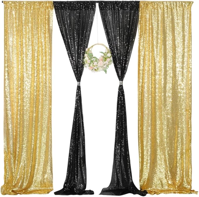4 Panels Black&Gold Sequin Backdrop Curtain 2FTx8FT Glitter Sequin Backdrop Curtains for Birthday Party Wedding Decoration