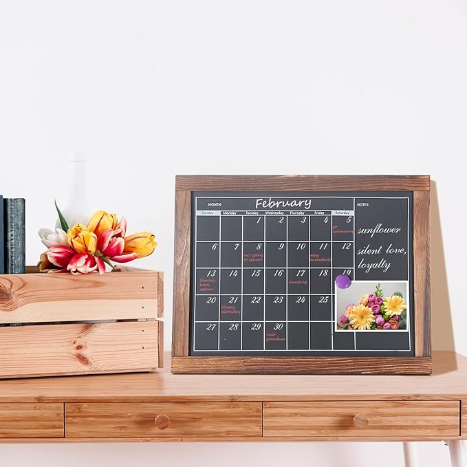 Magnetic Chalkboard Calendar for Wall Monthly Planner Board Wite Wood Frame Reusable Planning Blackboard for Record Daily Tasks List 12" x 16"