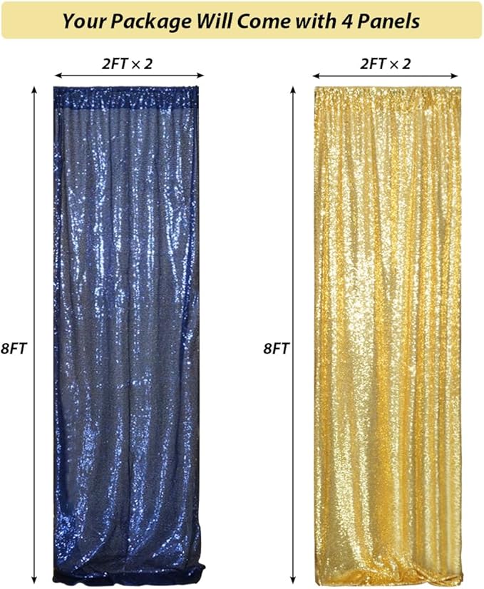 4 Panels Gold&Blue Sequin Backdrop Curtain 2FTx8FT Glitter Sequin Backdrop Curtains for Birthday Party Wedding Decoration