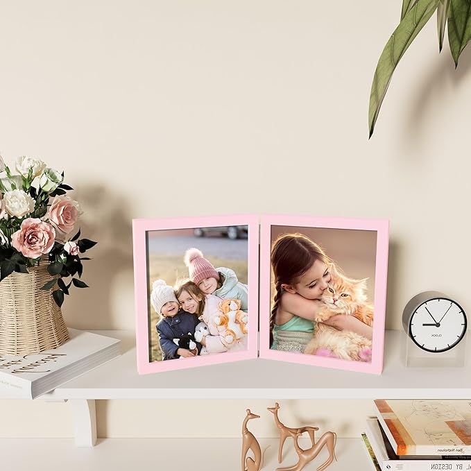 decorUhome Double 8X10 Picture Frame Vertical, Engineered Wood Bifold Photo Frame with Plexiglass for Tabletop Display, 8X10, Pink