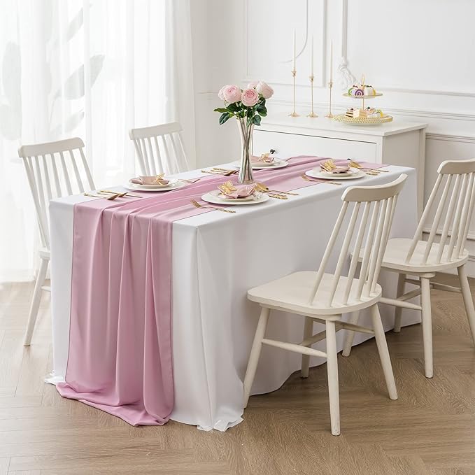 1Pack 9ft Chiffon Table Runner 14x108 Inch Sheer Romantic Table Runner for Wedding Birthday Party Bridal Shower Outdoor Decoration-Dusty Pink